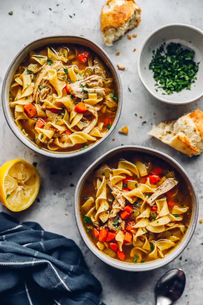 two bowls of instant pot chicken noodle soup