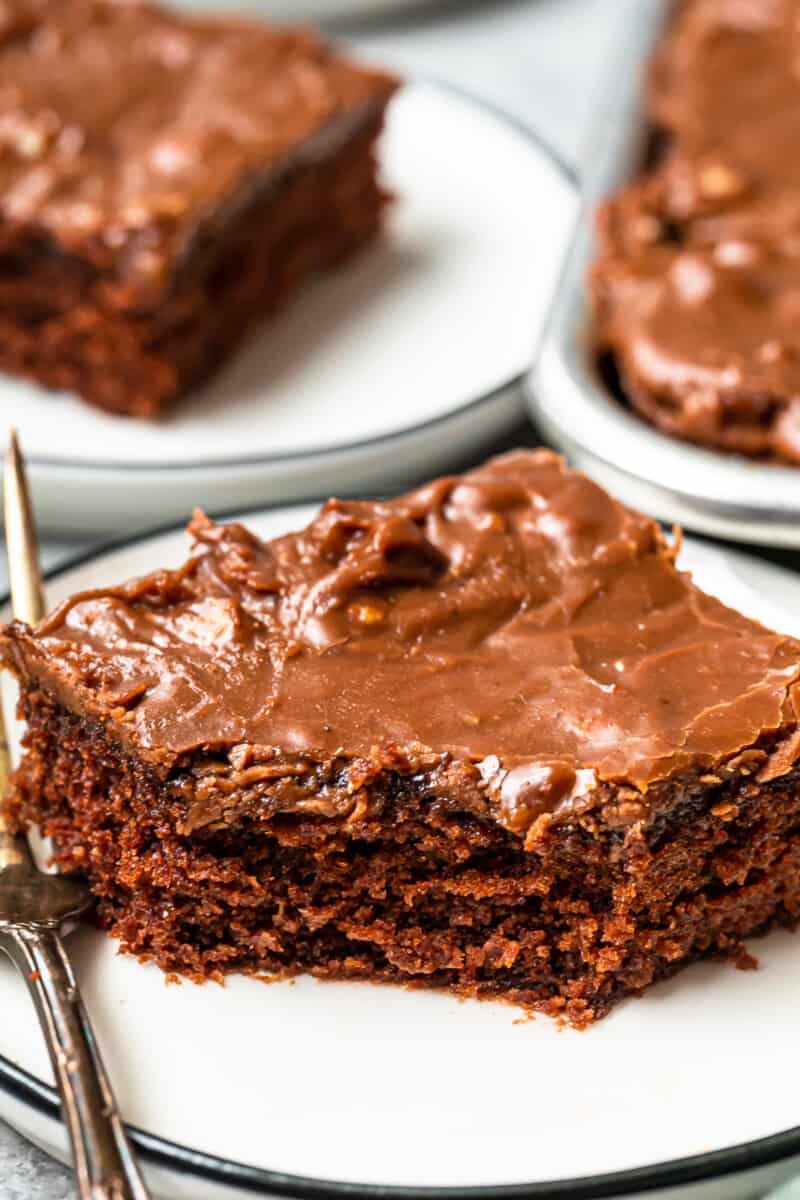 piece of texas sheet cake on a plate with a fork with a bite taken