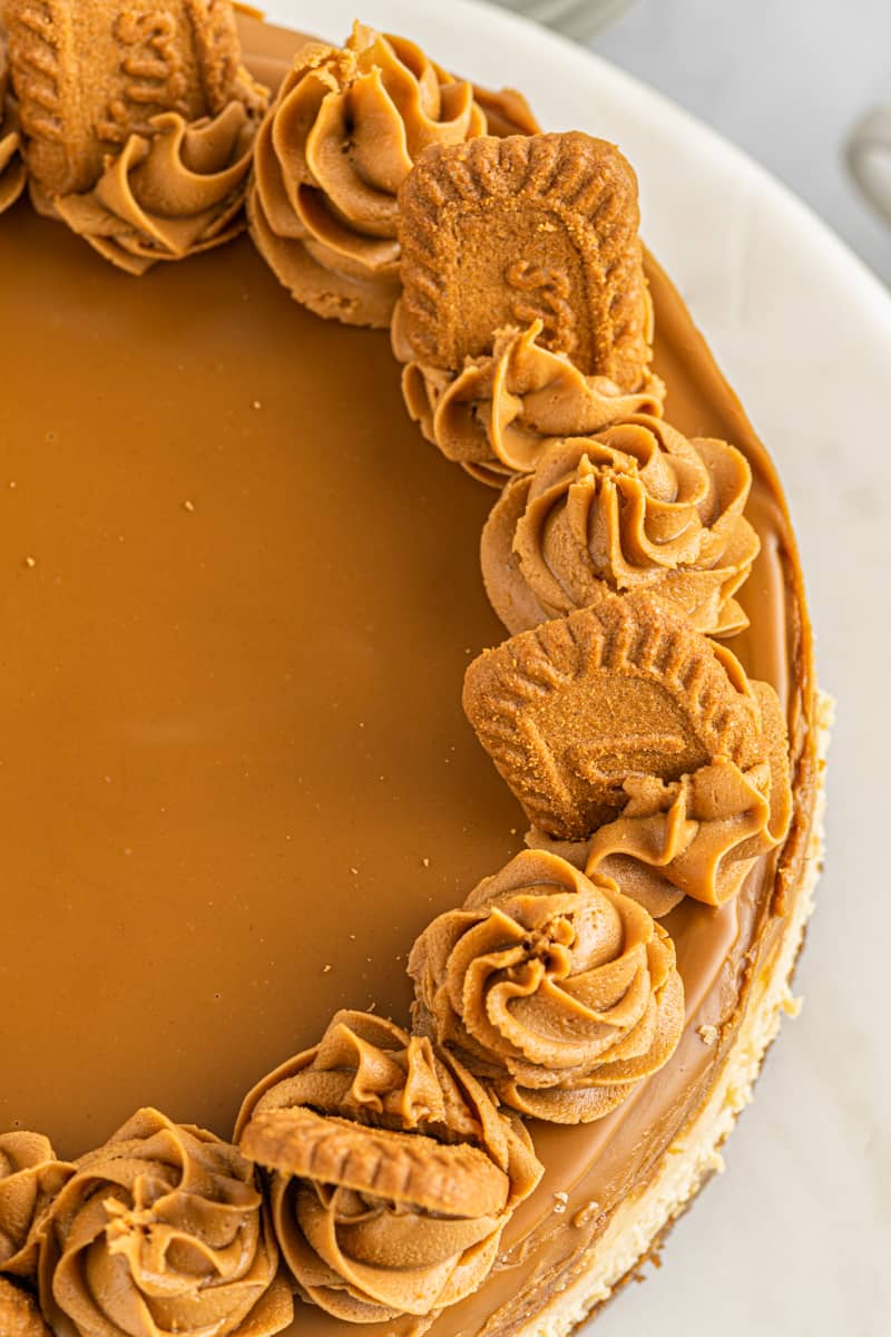 biscoff cheesecake on a white serving tray before slicing