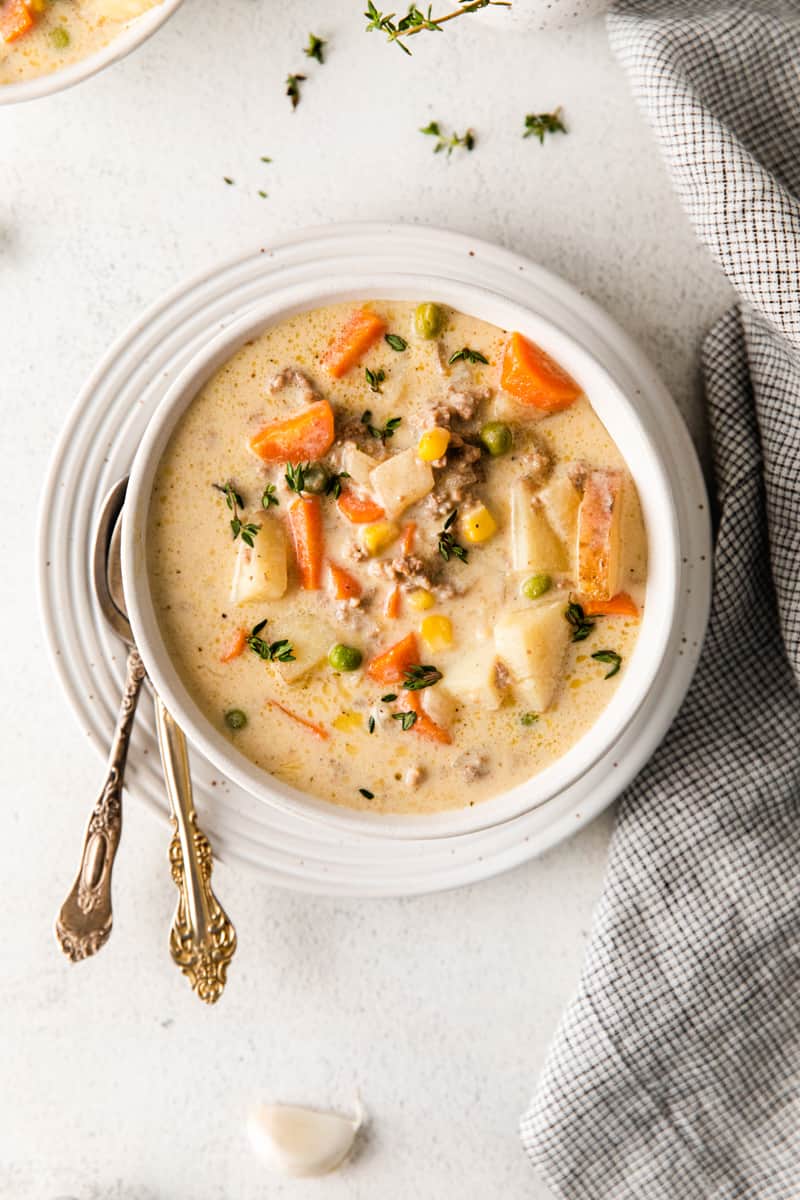 overhead image of shepherd's pie soup in a white bowl