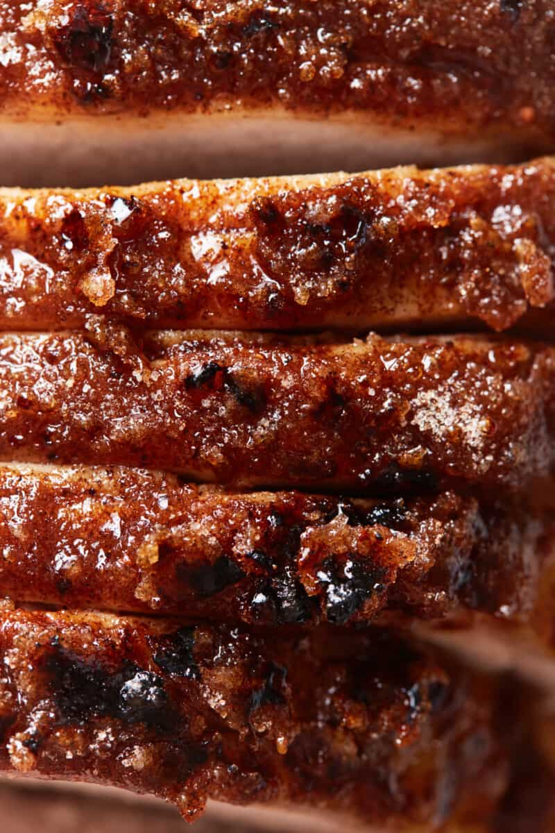 overhead closeup of sliced baked pork tenderloin.