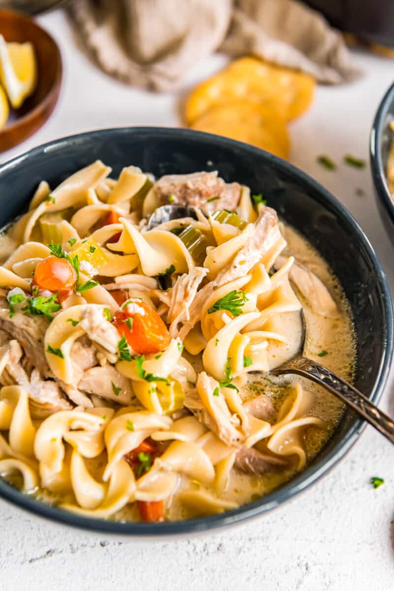 creamy chicken noodle soup in a bowl with a spoon