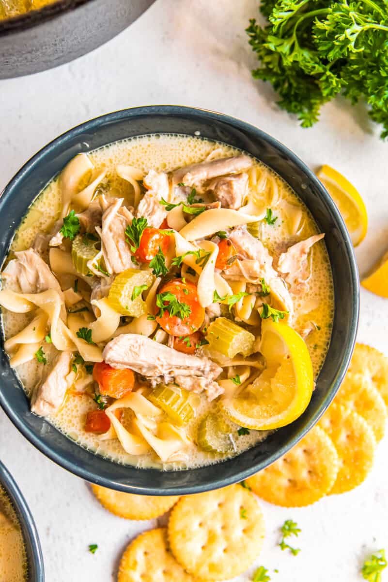 creamy chicken noodle soup in a bowl