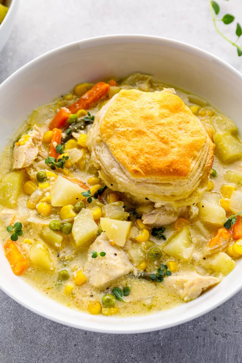 up close bowl of crockpot chicken pot pie