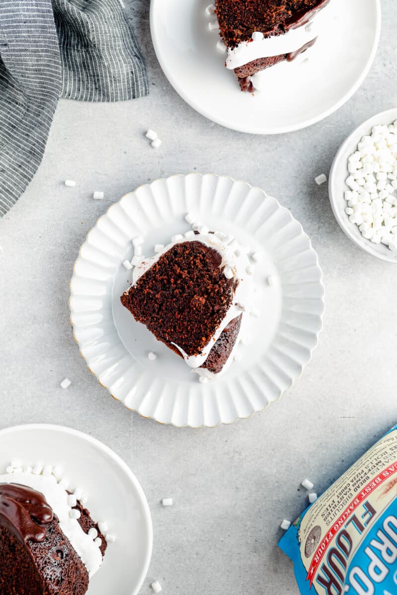 slice of hot chocolate bundt cake on a white plate