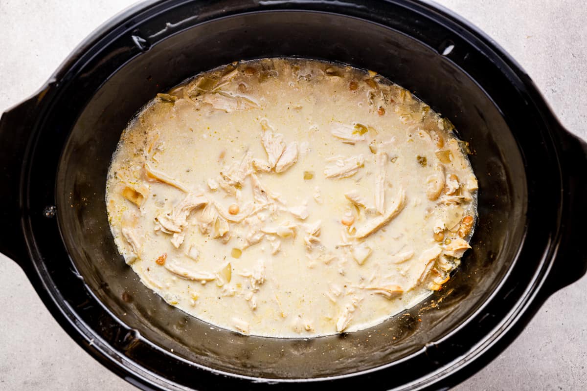 Creamy white chicken chili in a Crockpot.