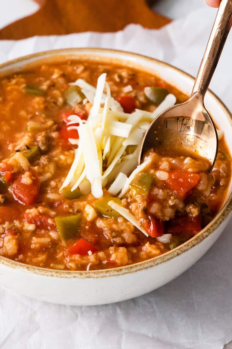 spoon in instant pot stuffed pepper soup