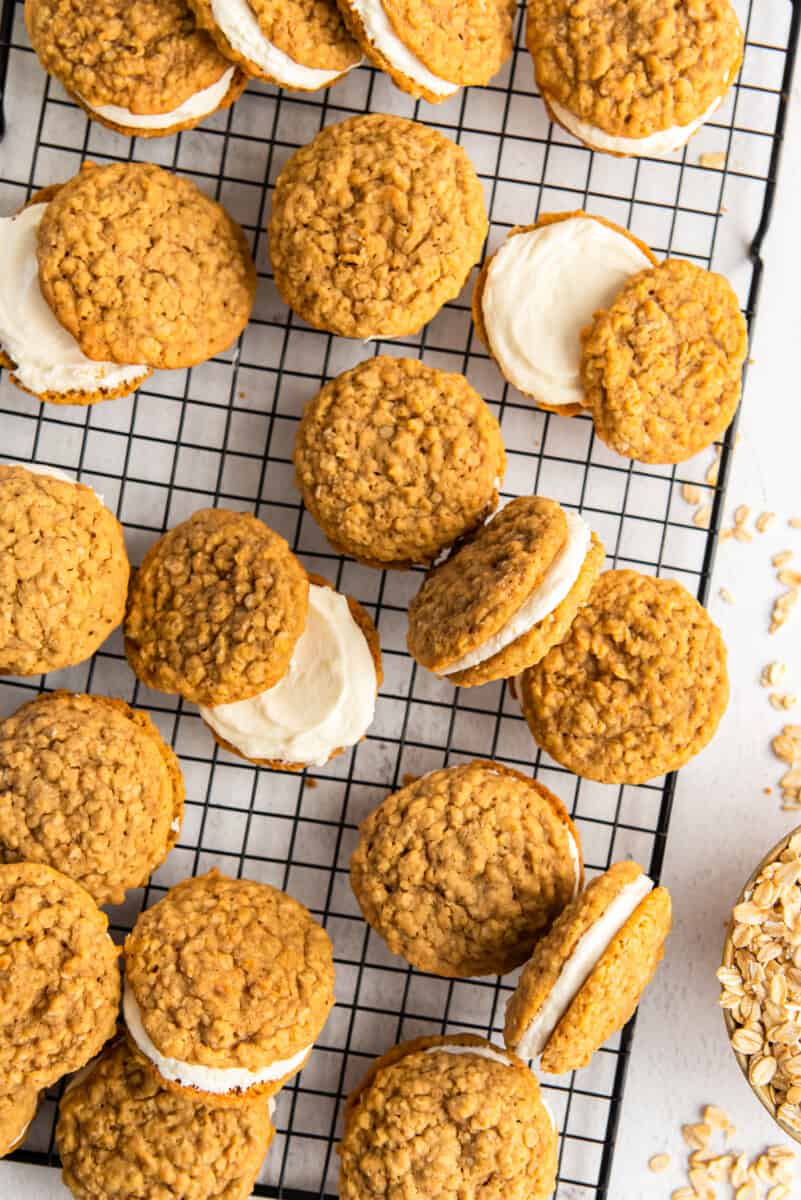 oatmeal cream pies on a cooling rack