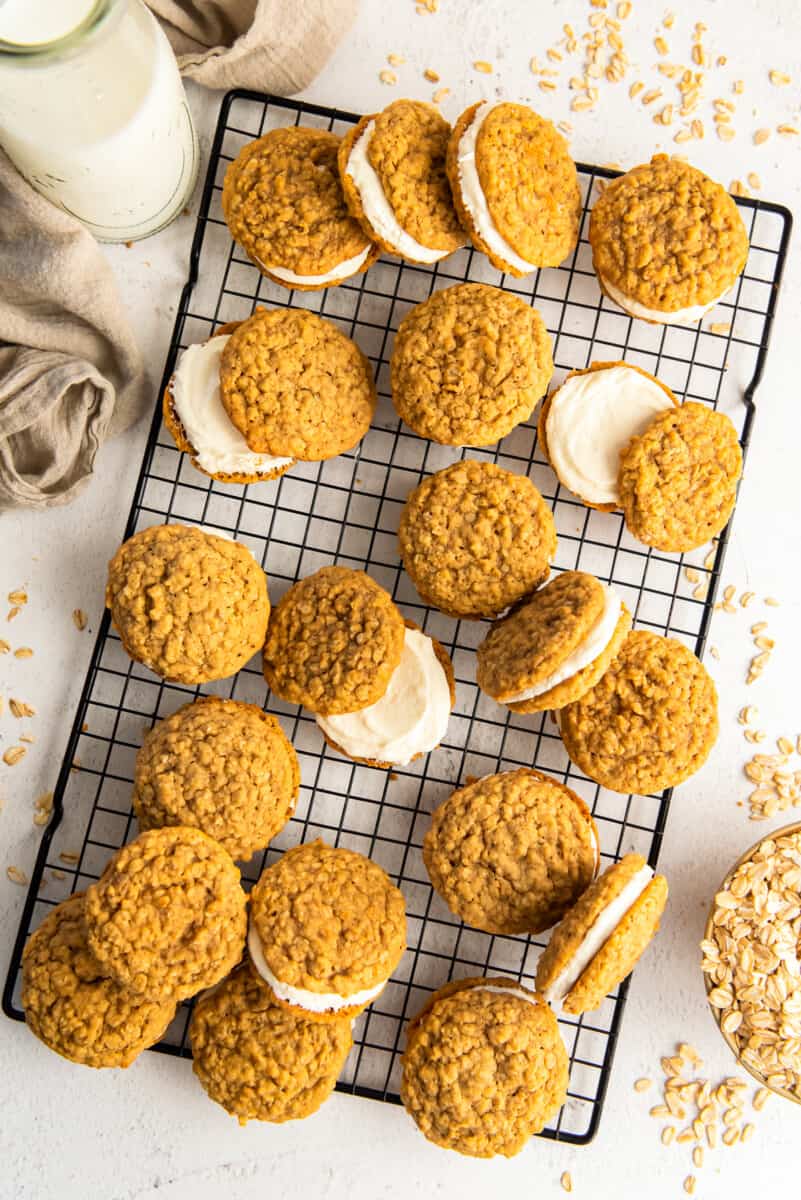 oatmeal cream pies on a cooling rack