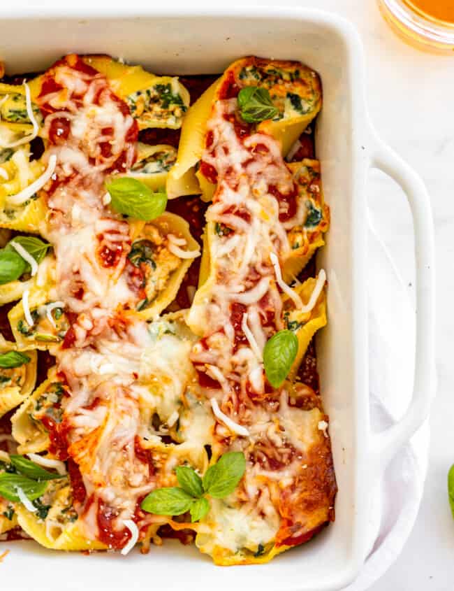 dish of spinach stuffed shells