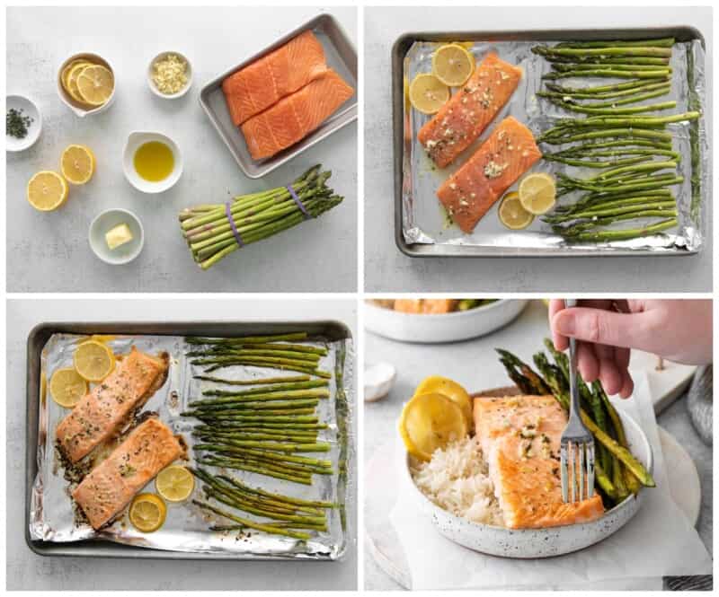 step by step photos for how to make sheet pan lemon salmon.