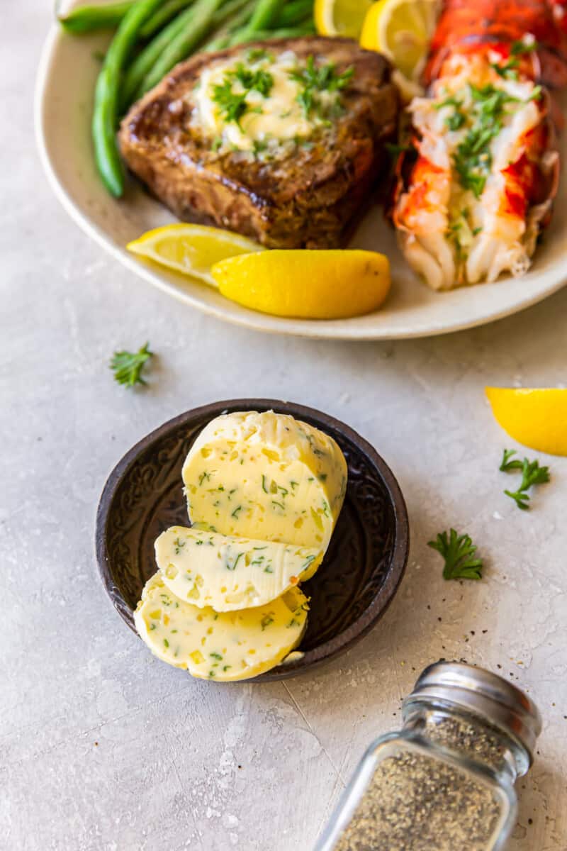 sliced compound butter in a serving bowl