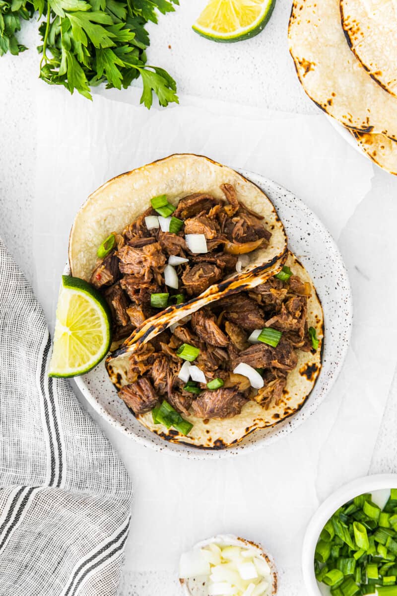 overhead image of 2 beef carnitas tacos on a white plate