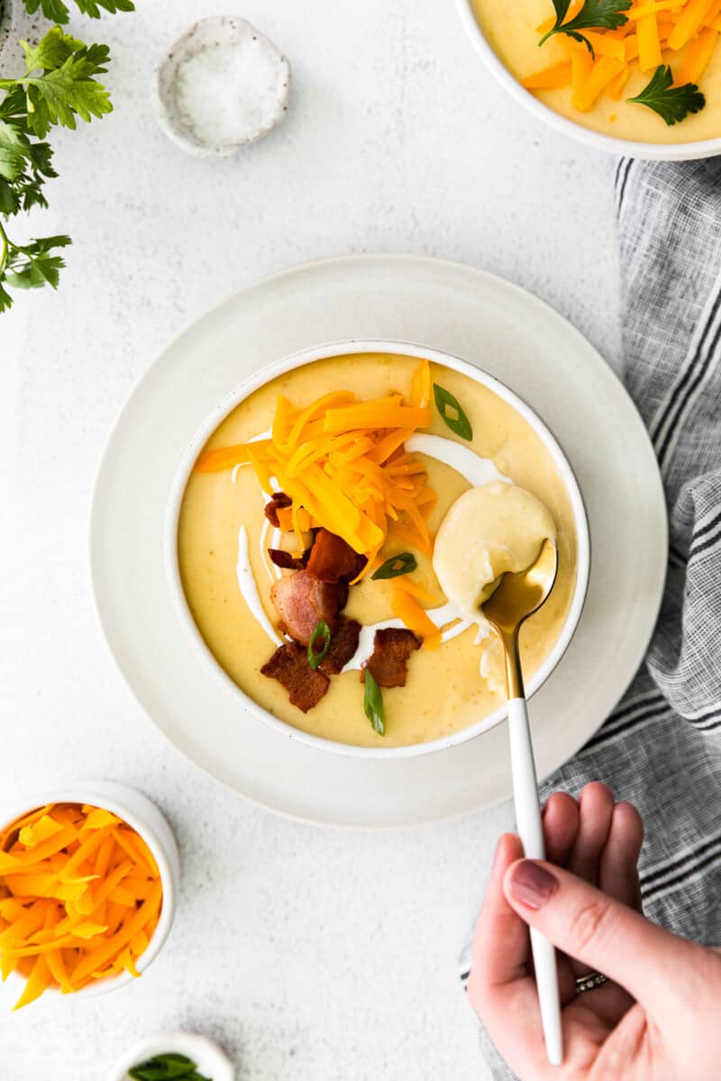 hand holding a spoon in a bowl of creamy potato soup