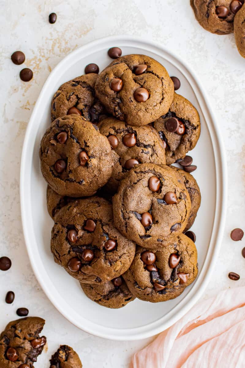 mocha cookies on a white serving tray