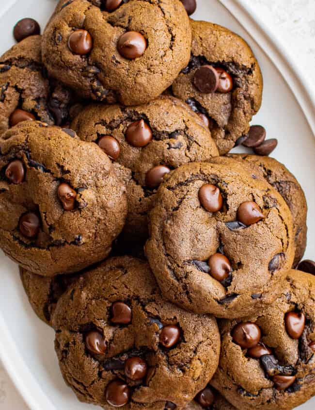 mocha cookies on a white serving tray