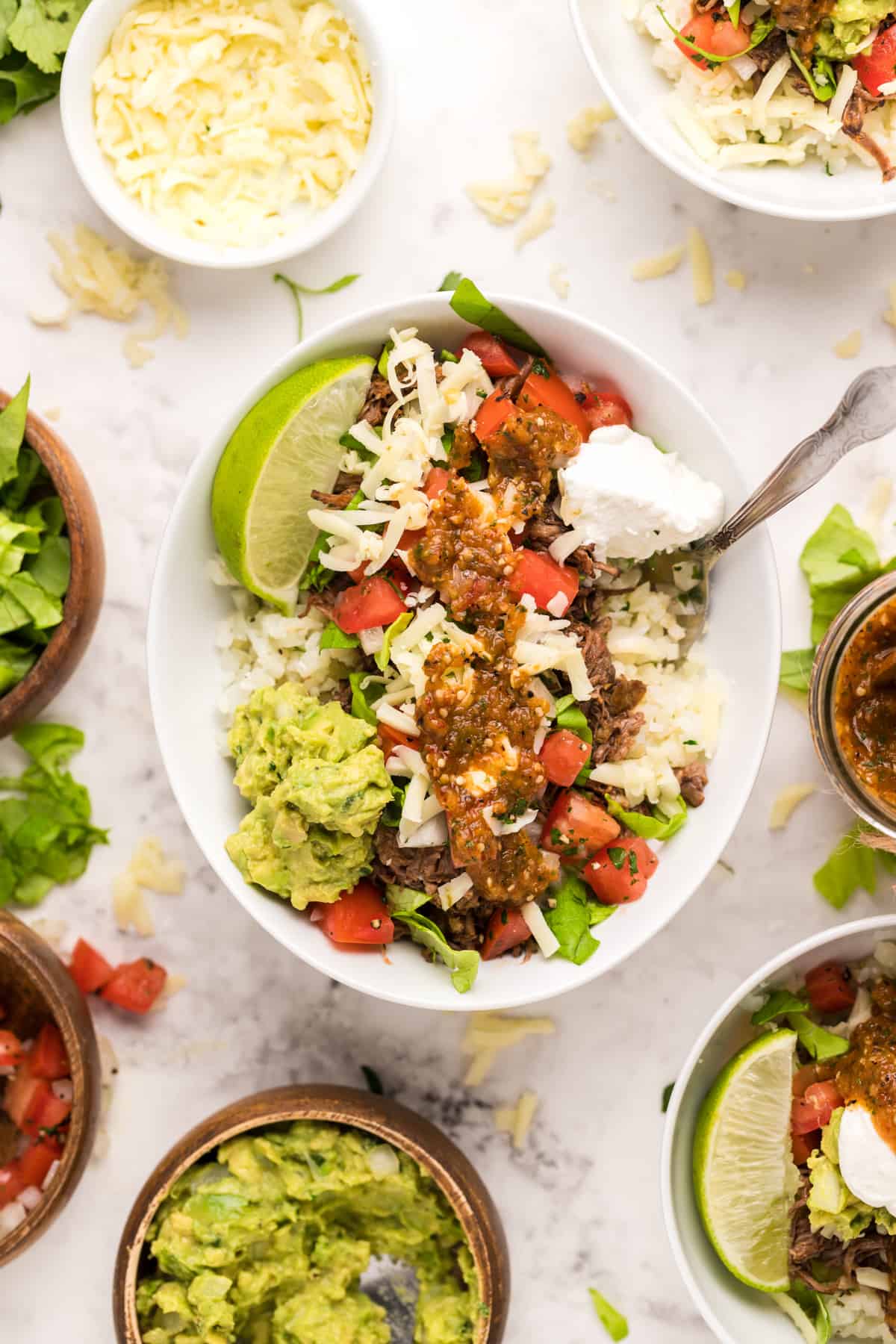 overhead image of assembled barbacoa burrito bowls