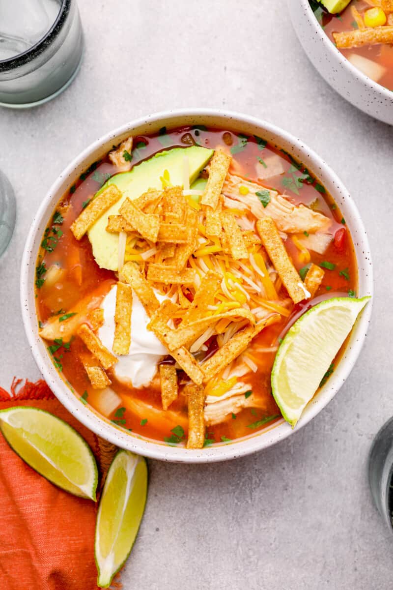 chicken tortilla soup in a white bowl