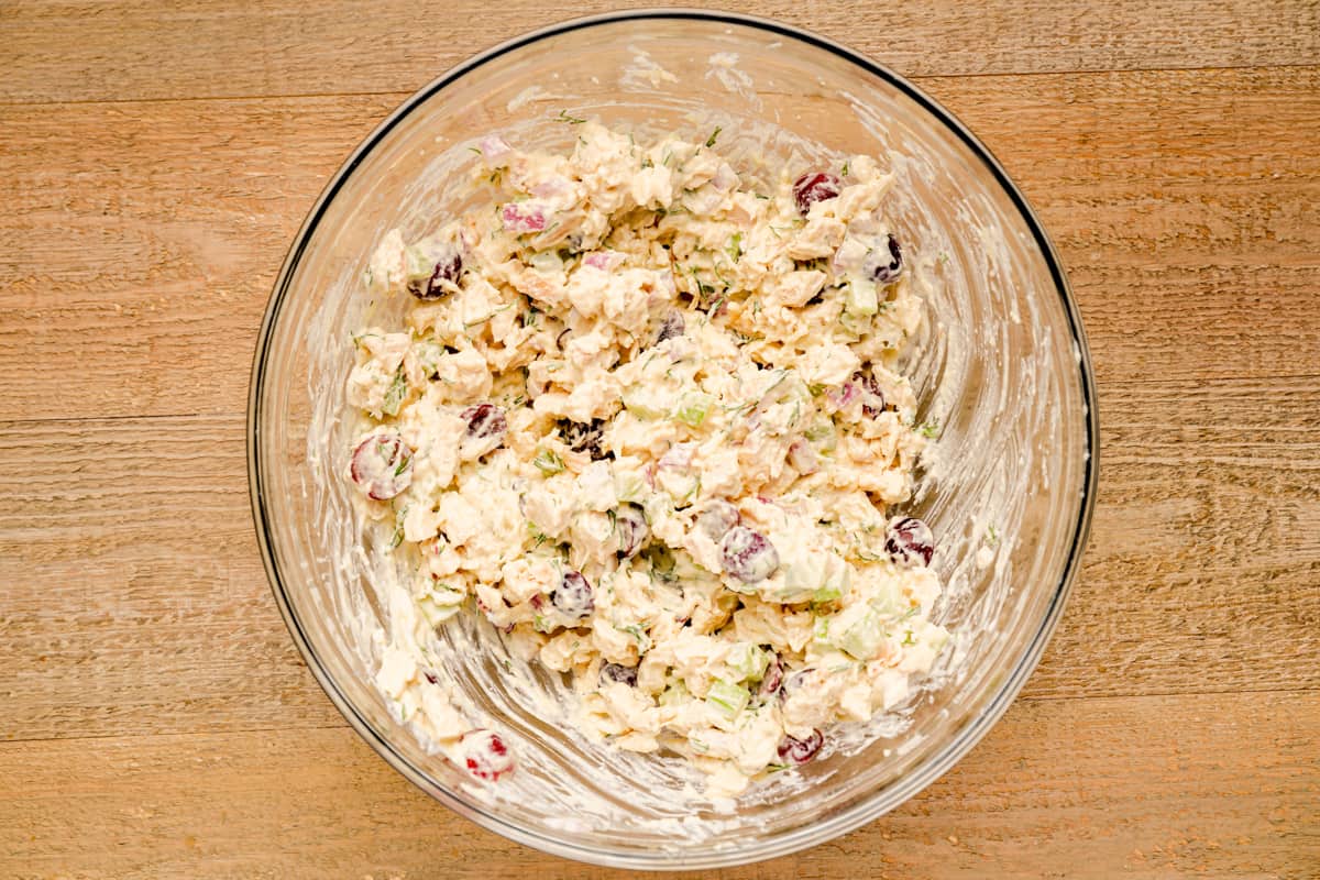 chicken salad in a glass bowl.