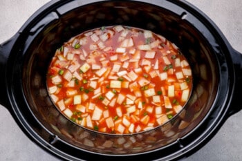 chicken tortilla soup ingredients in crockpot before cooking