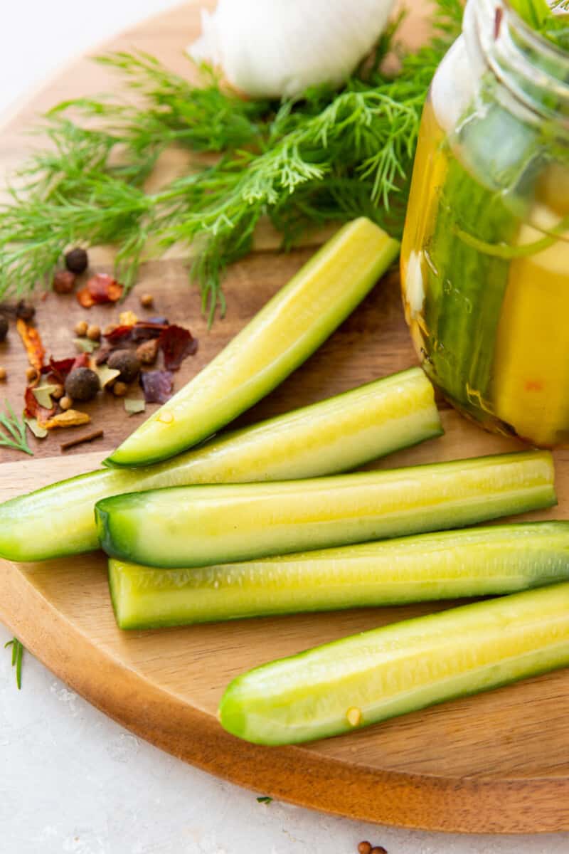 pickles on a wood serving board