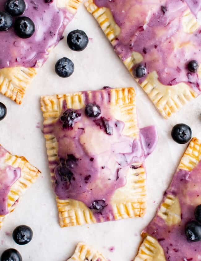 overhead view of 6 blueberry pop tarts.