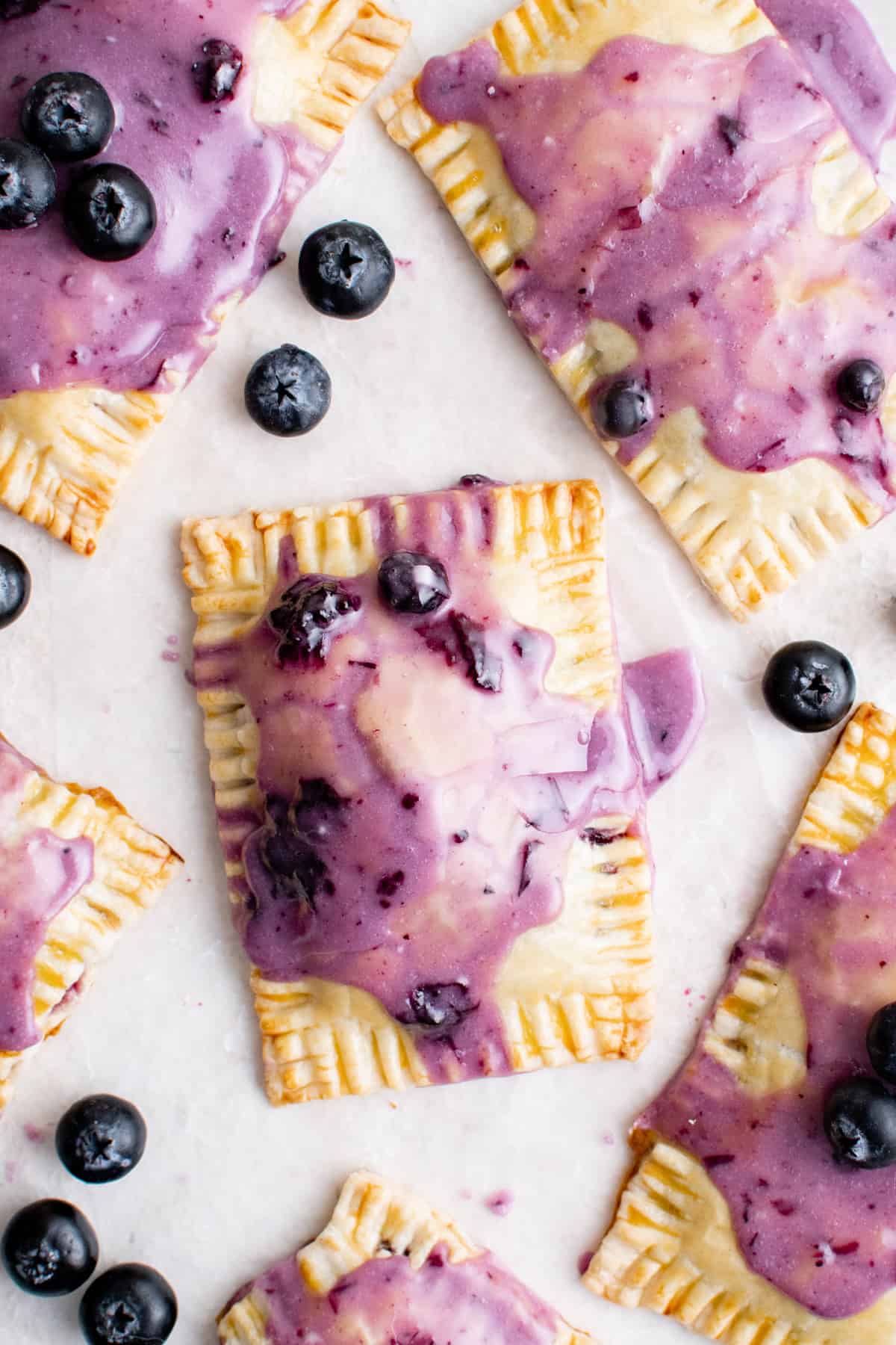 overhead view of 6 blueberry pop tarts.