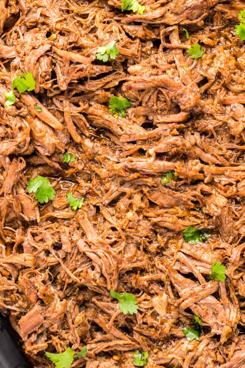 close up of crockpot barbacoa beef.