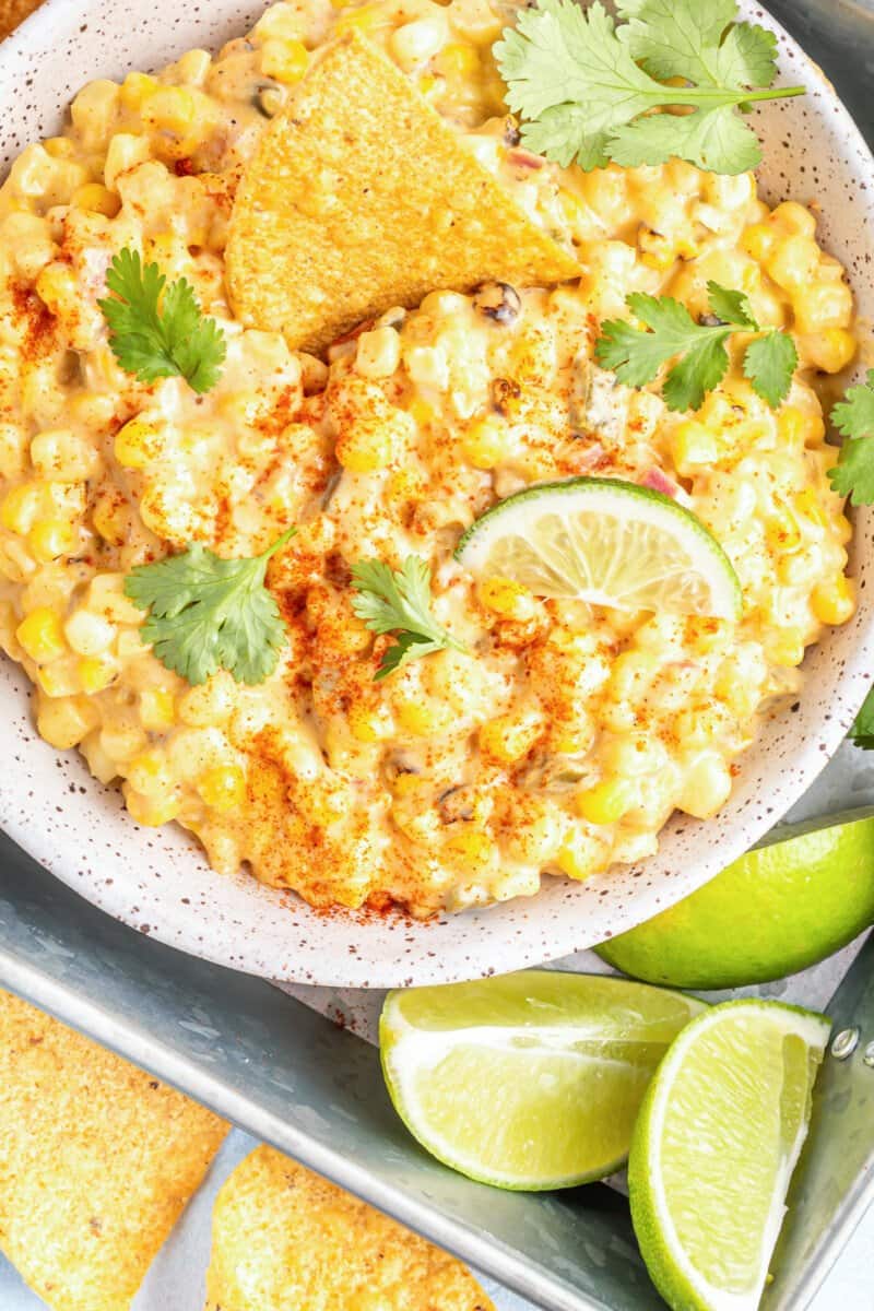 crockpot corn dip in a white bowl.