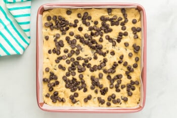 overhead view of chocolate chip cookie bars prior to baking.