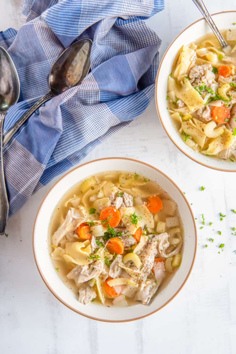 overhead view of crockpot chicken noodle soup in white bowls.