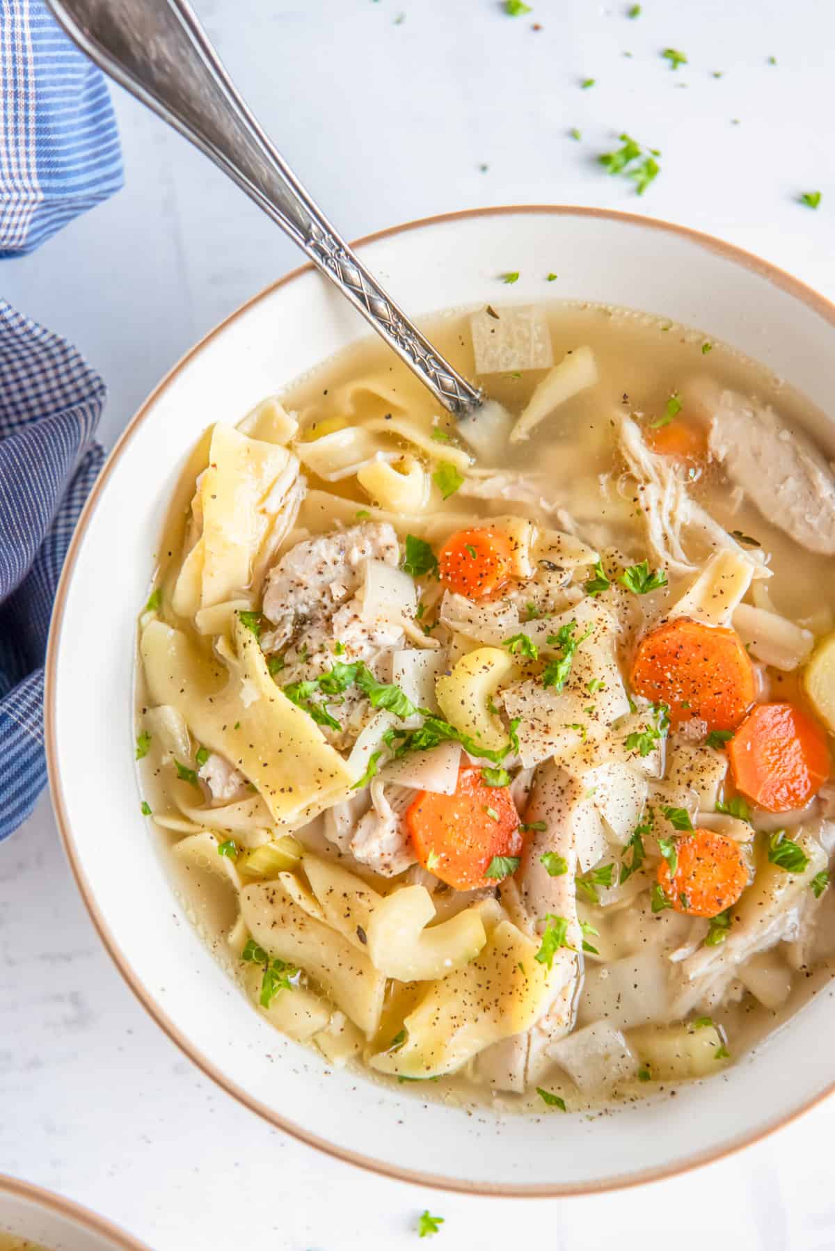 overhead view of crockpot chicken noodle soup in a white bowl with a spoon.