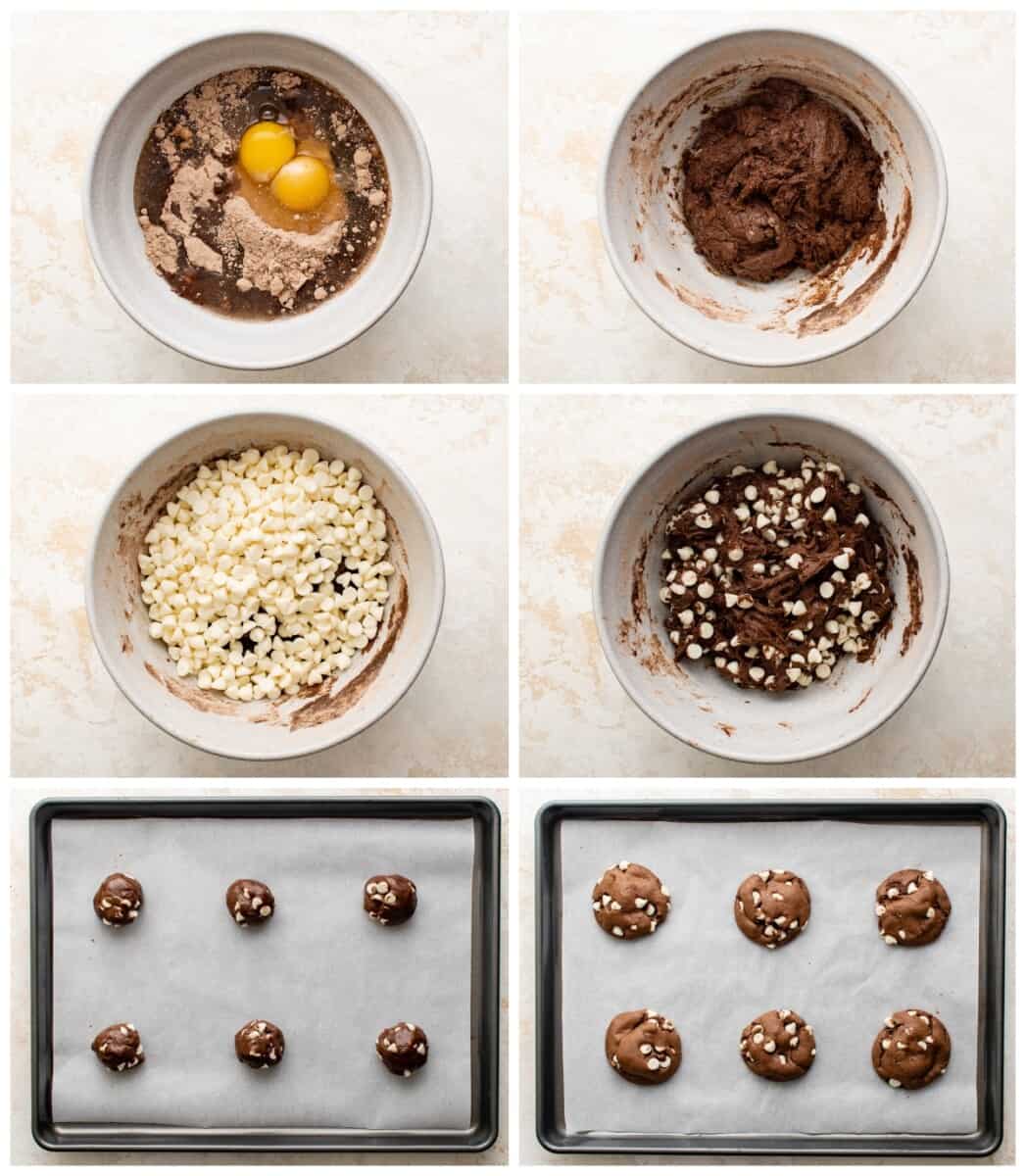 step by step photos for how to make chocolate cake mix cookies.