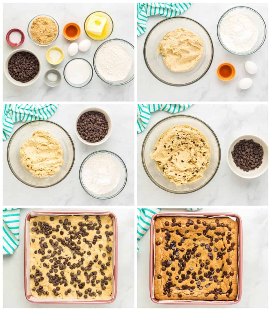 step by step photos for how to make chocolate chip cookie bars.