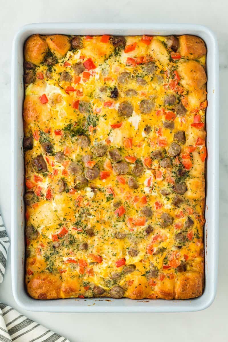 biscuit breakfast casserole in a baking pan.