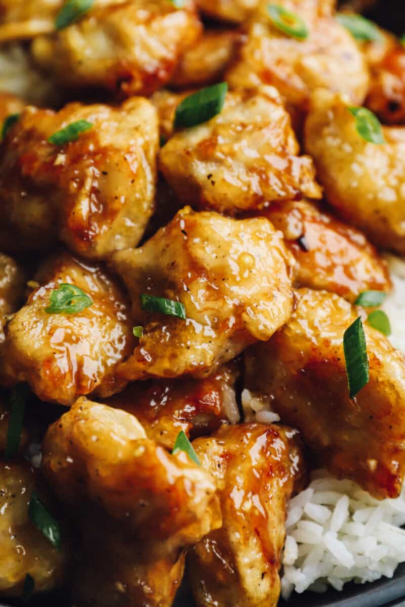 close up of honey chicken.