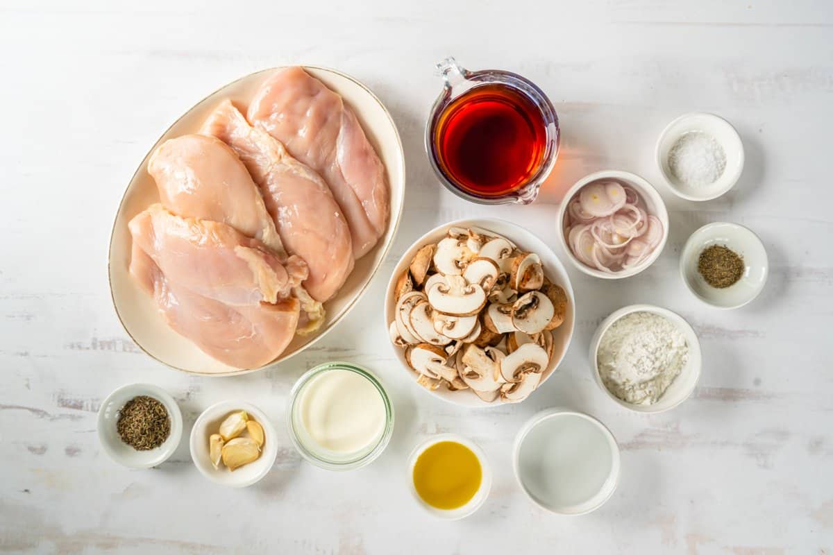 overhead view of ingredients for crockpot chicken marsala.