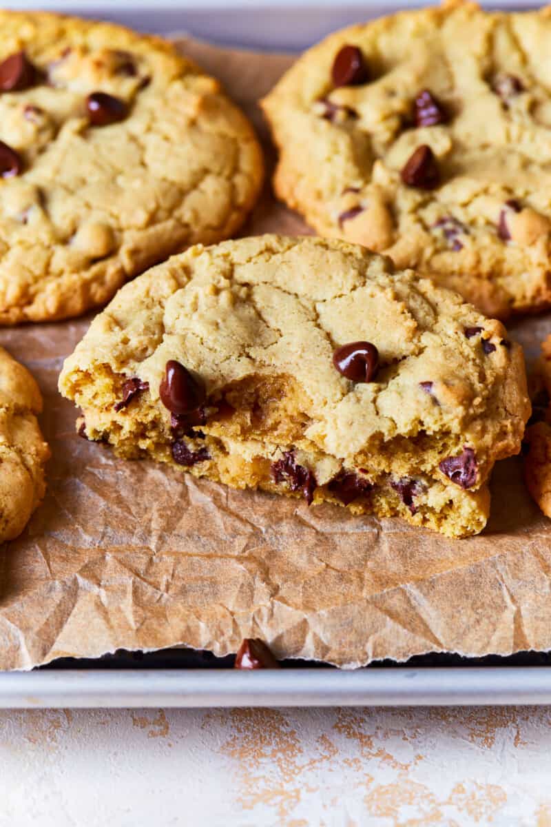 chocolate chip cookies, one cut in half