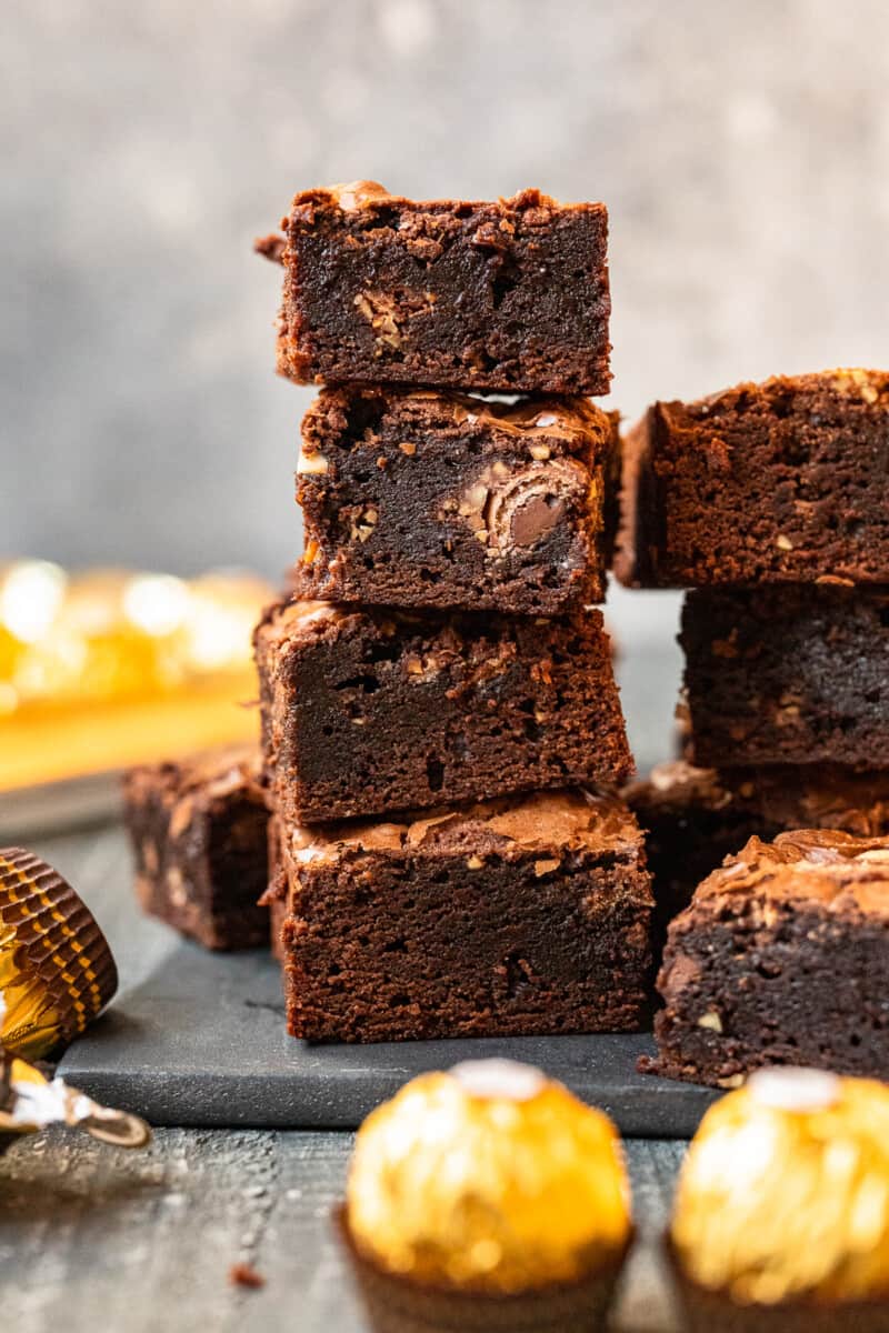 2 stacks of 4 and 3 ferrero rocher brownies.