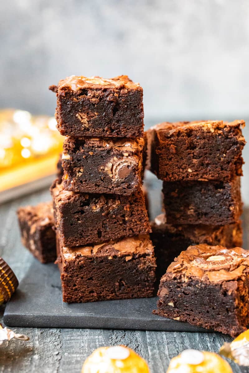 2 stacks of 4 and 3 ferrero rocher brownies.