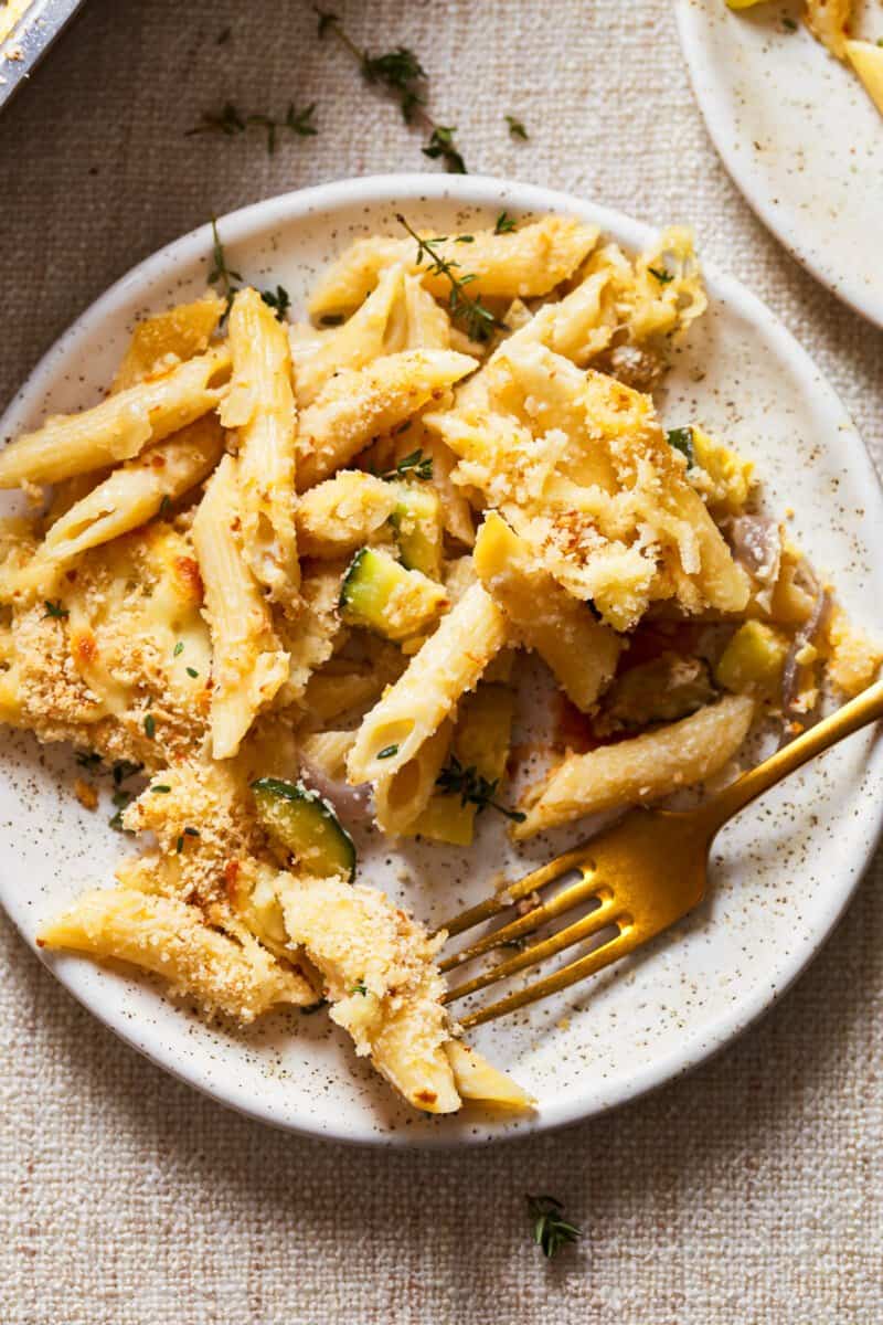 a plate of creamy pasta primavera