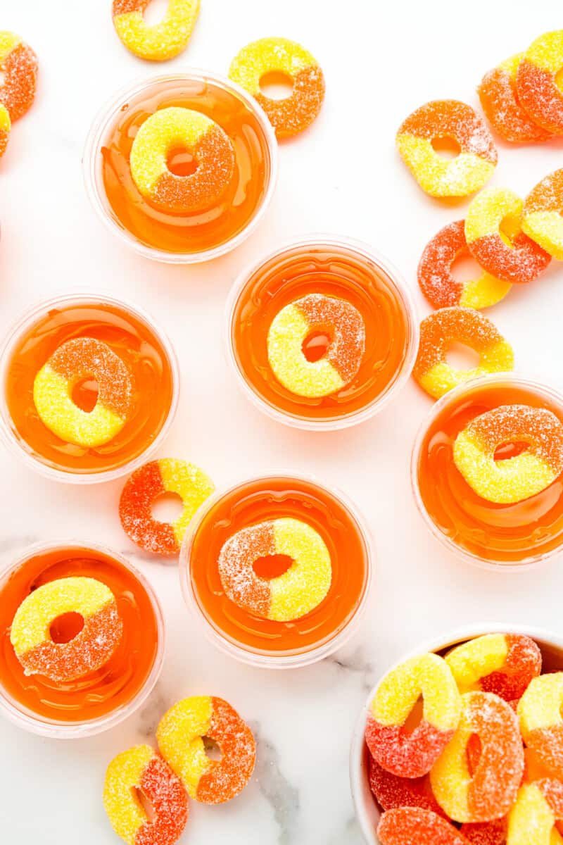 peach peach jello shots with peach rings.