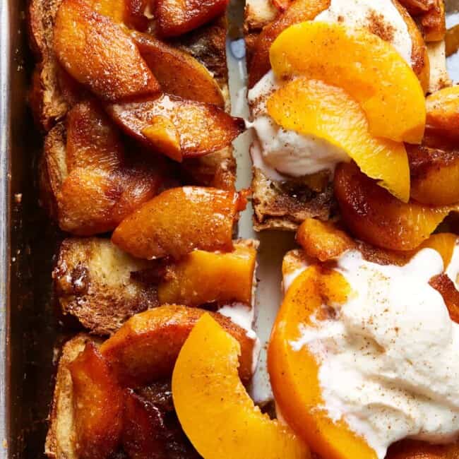 close up on baked french toast in a casserole dish