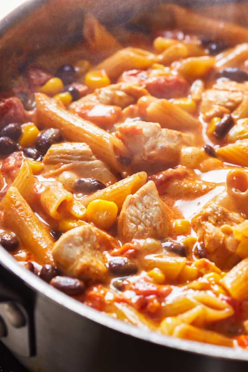 southwest chicken alfredo pasta in a skillet