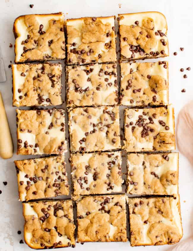 chocolate chip cheesecake bars cut into squares