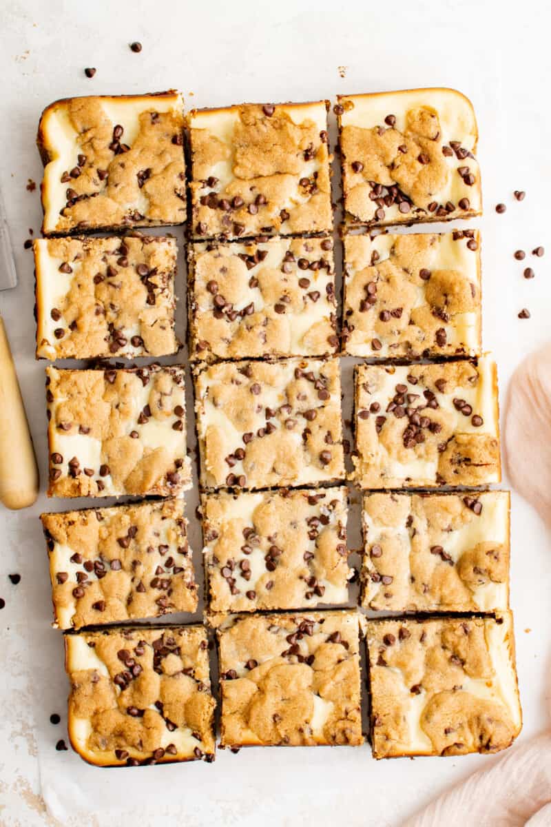 chocolate chip cheesecake bars cut into squares