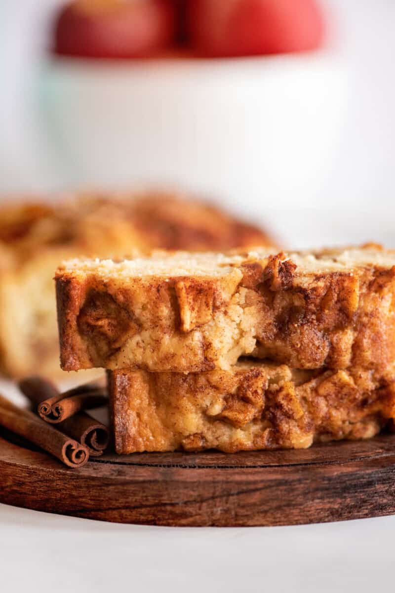 close up on twice slices of apple bread stacked on top of each other