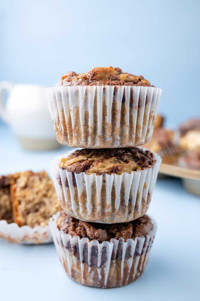 3 stacked banana nutella muffins.