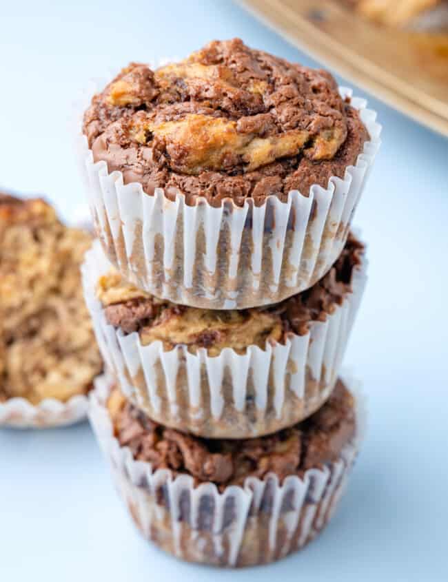 3 stacked banana nutella muffins.