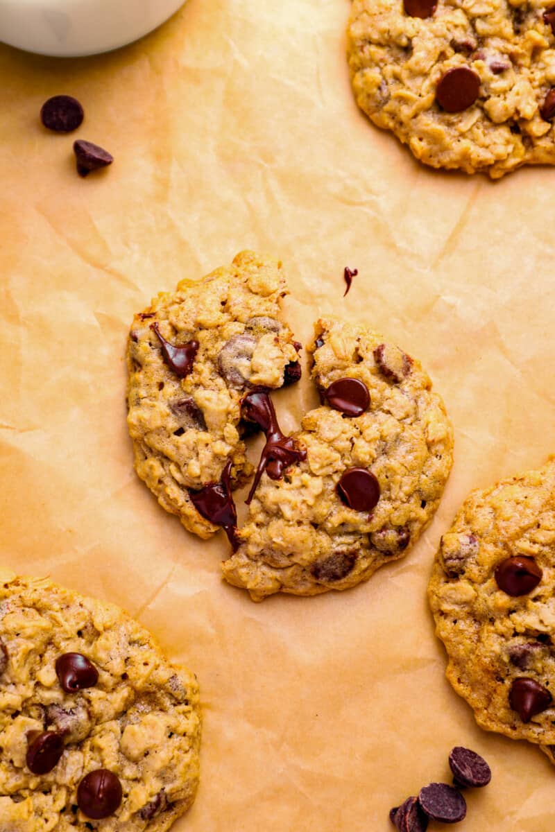 soft oatmeal chocolate chip cookies on parchment